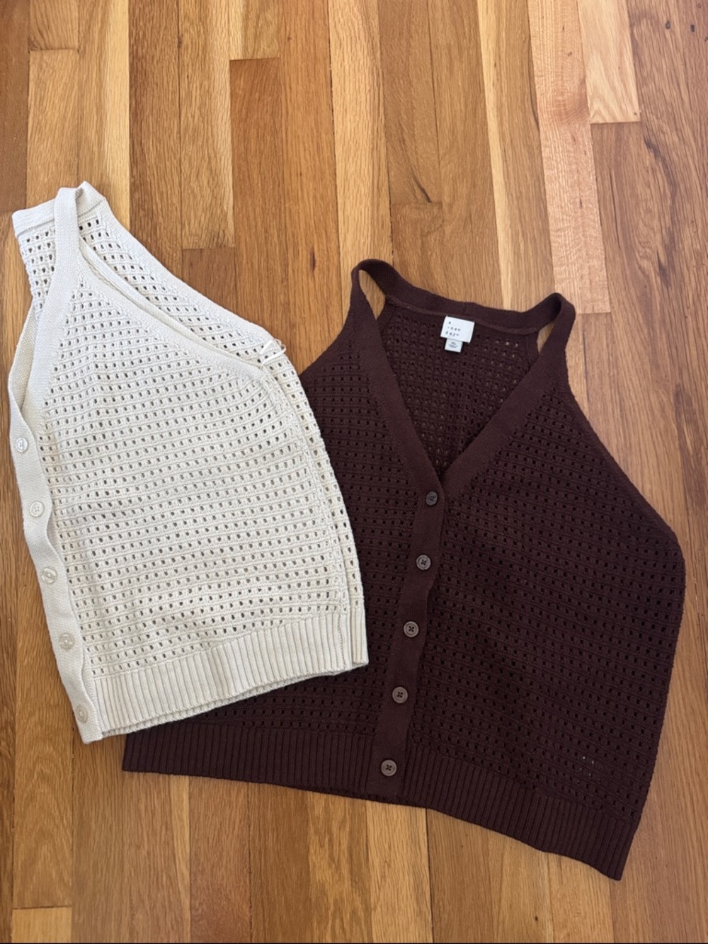 2 Crochet Button-Front Halter Tanks in Brown and Cream